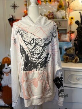 Spiderman White Hoodie with Black Graphic and Pale Pink Web Accents